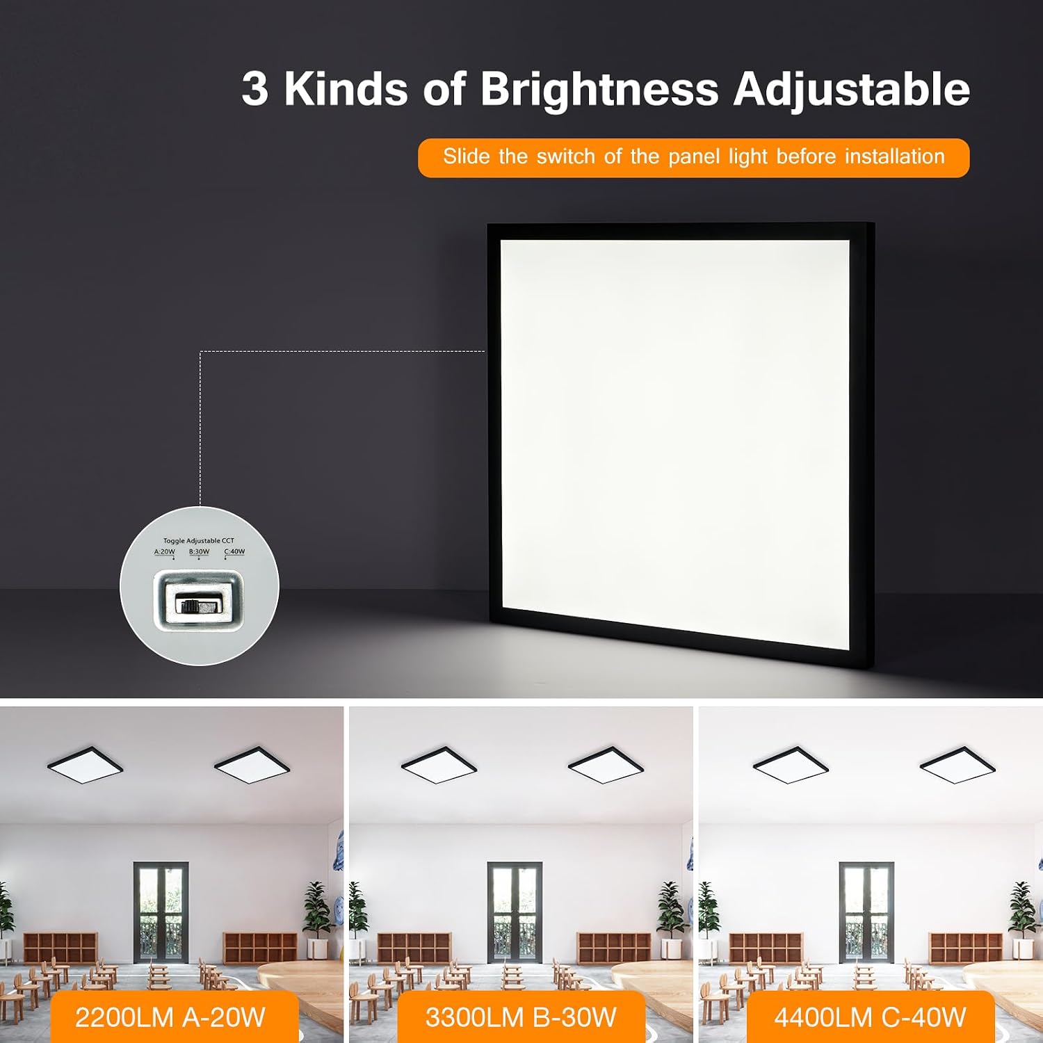 Black 2x2 Surface Mount LED Panel Lights, 40W-30W-20W & 5000K-4000K-3000K Selectable, 0-10V Dimmable, Square, for Kitchen, Shop, 100-277V, ETL, 2 Pack