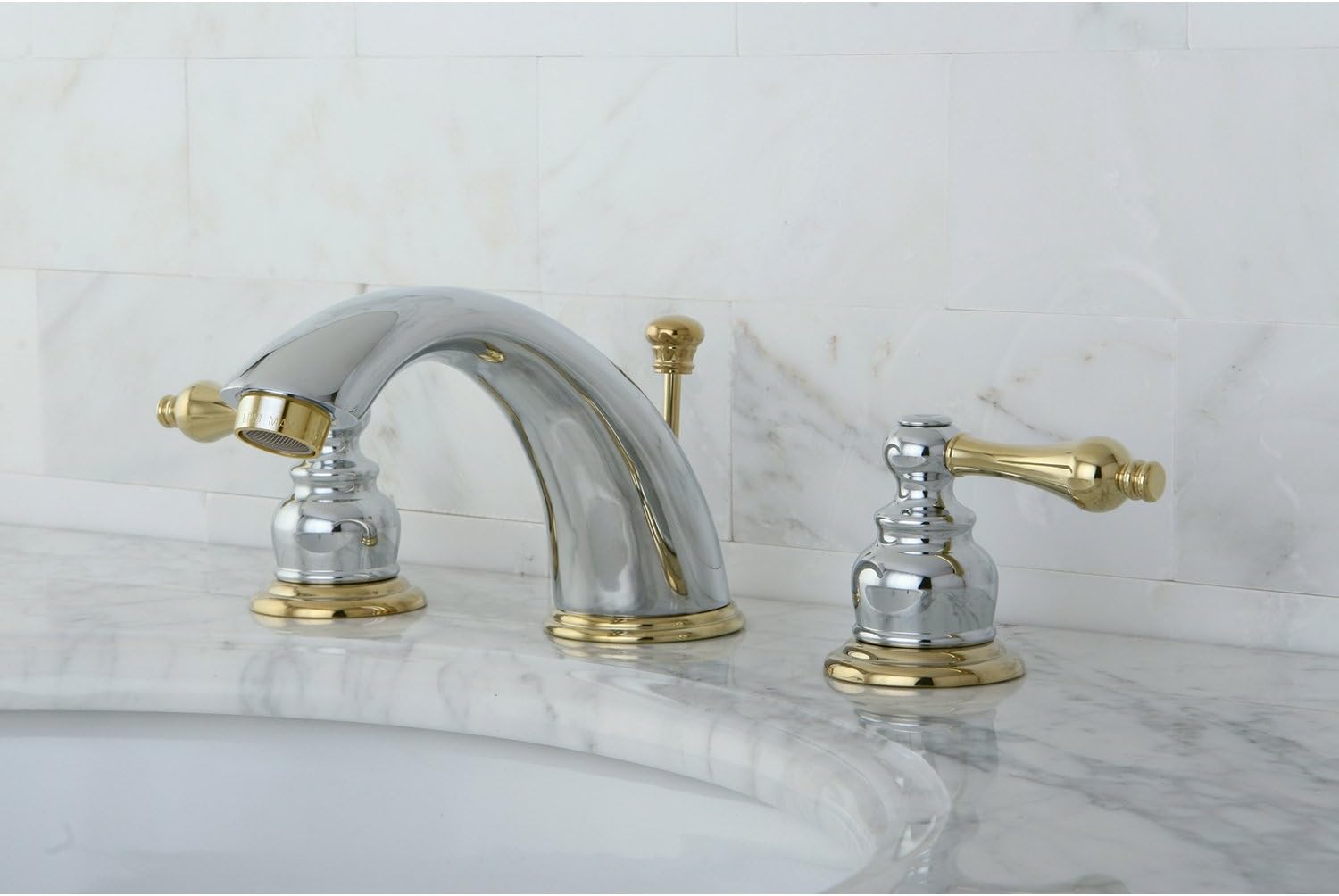 Kingston Brass KB974AL Victorian Widespread Lavatory Faucet with Metal lever handle, Polished Chrome and Polished Brass,8-Inch Adjustable Center