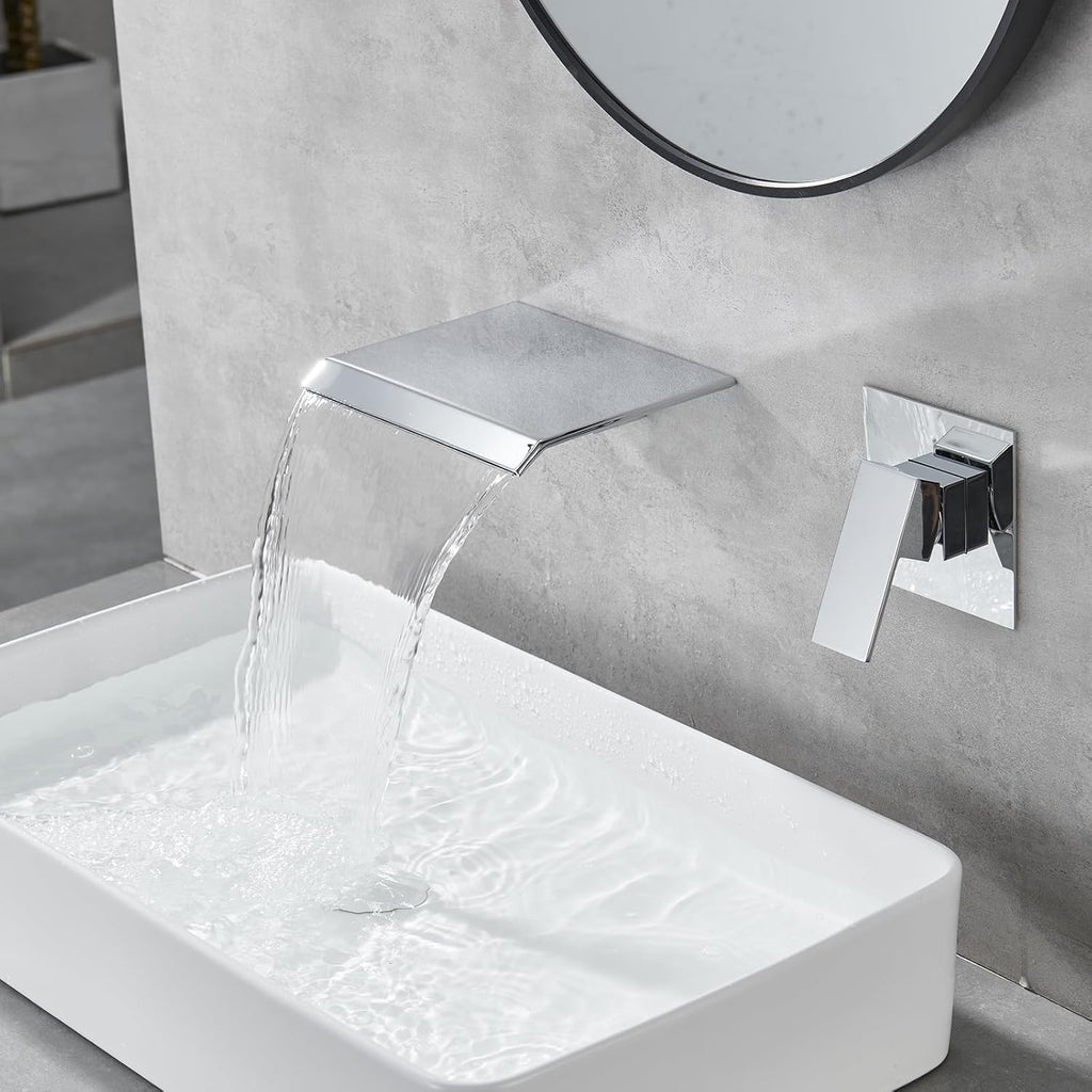 DASAN Wall Mount Waterfall Bathroom Faucet Polished Chrome in Wall Sink Faucet, Single Handle Wall Mounted Modern Faucet for Bathroom with Upgraded Rough in Valve, DA-TFD3CH-NH