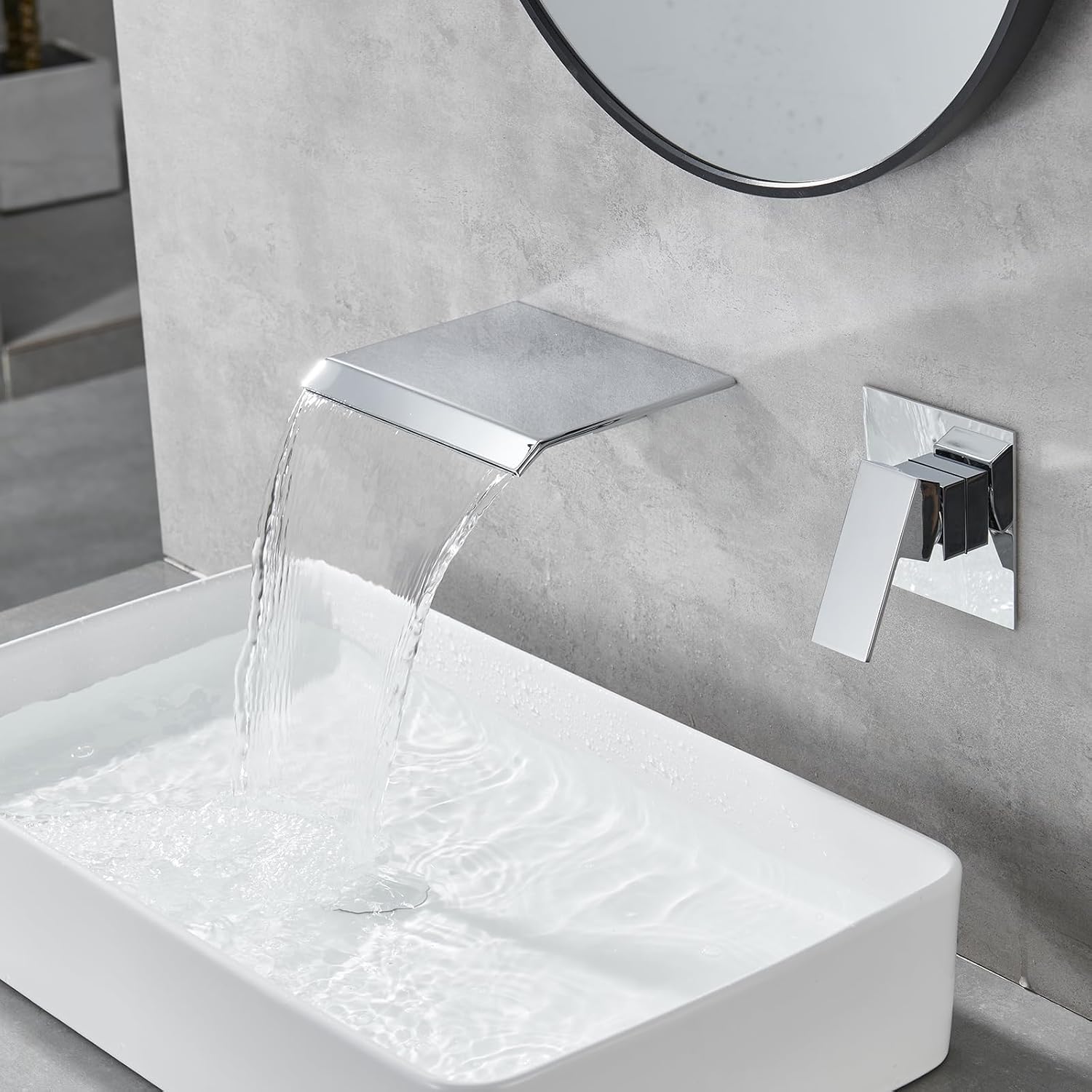 DASAN Wall Mount Waterfall Bathroom Faucet Polished Chrome in Wall Sink Faucet, Single Handle Wall Mounted Modern Faucet for Bathroom with Upgraded Rough in Valve, DA-TFD3CH-NH