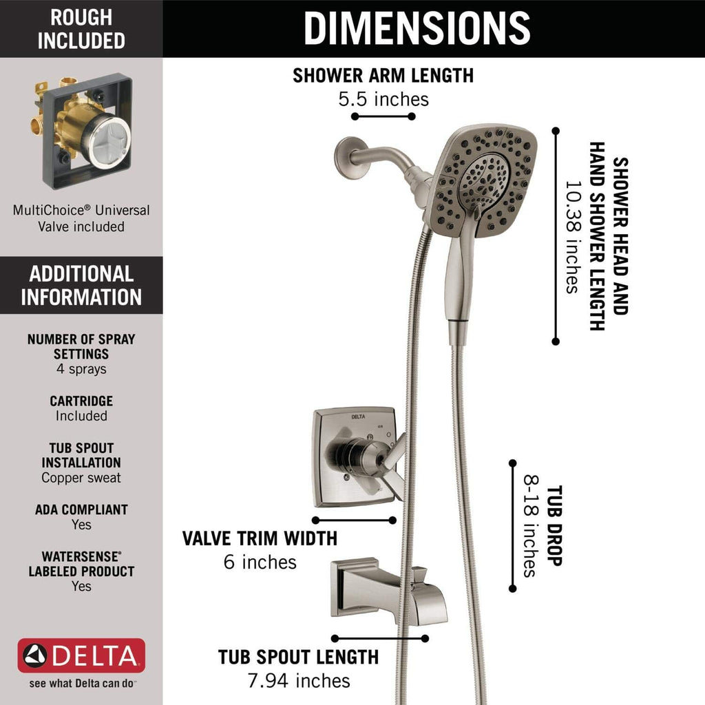 Delta Faucet Ashlyn 17 Series Dual-Function Tub and Shower Trim Kit with 2-Spray Touch-Clean In2ition 2-in-1 Hand Held Shower Head with Hose, Stainless T17464-SS-I (Valve Included)