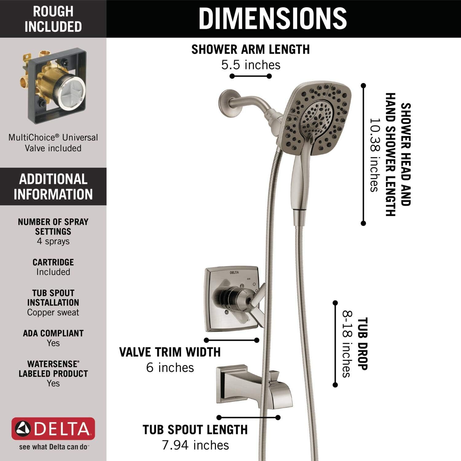 Delta Faucet Ashlyn 17 Series Dual-Function Tub and Shower Trim Kit with 2-Spray Touch-Clean In2ition 2-in-1 Hand Held Shower Head with Hose, Stainless T17464-SS-I (Valve Included)