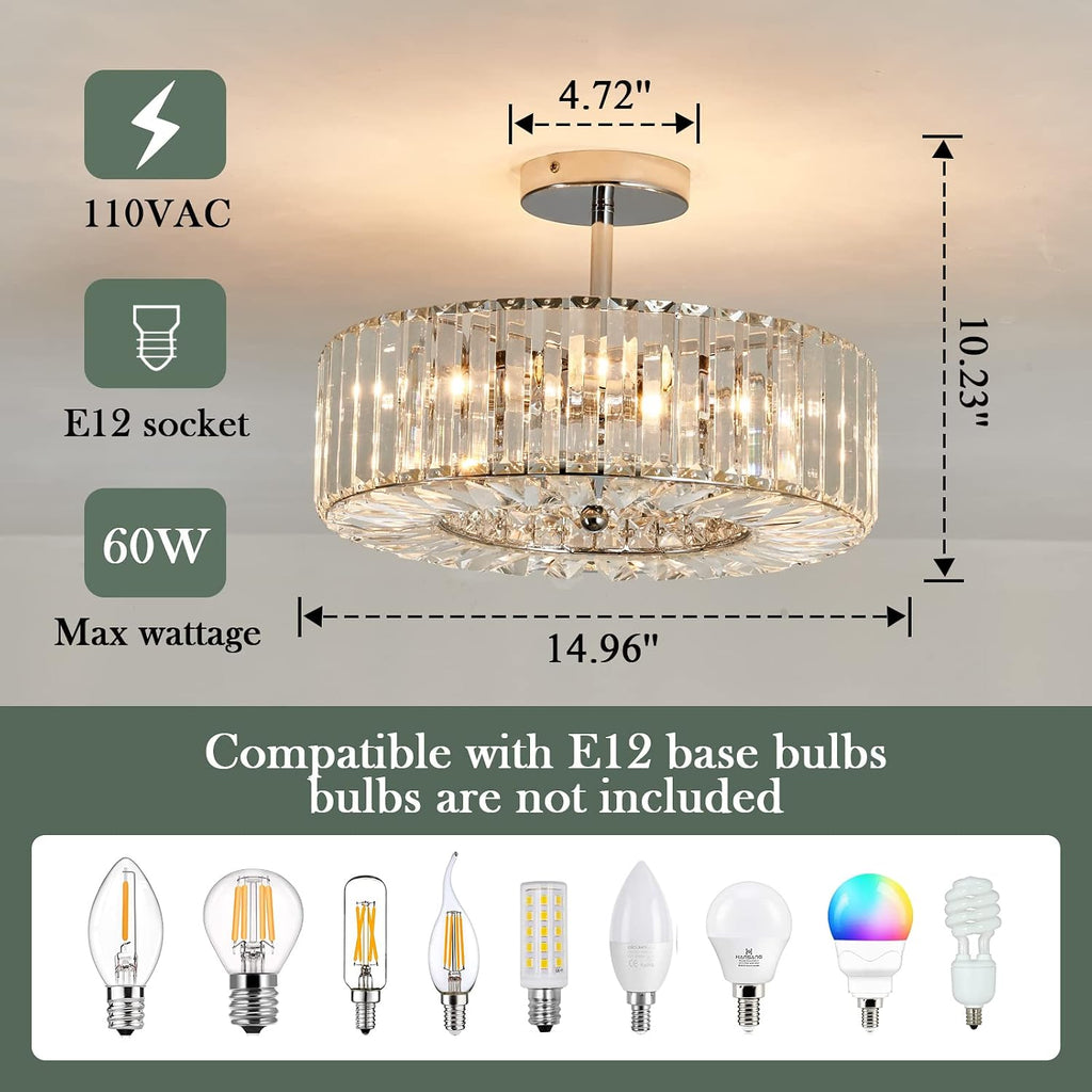 Piepooye 4 Lights Modern Crystal Chandelier Chrome Round Semi Flush Mount Ceiling Light Fixture Farmhouse Chandelier for Dinning Room Living Room Bedroom Hallway Entryway Kitchen