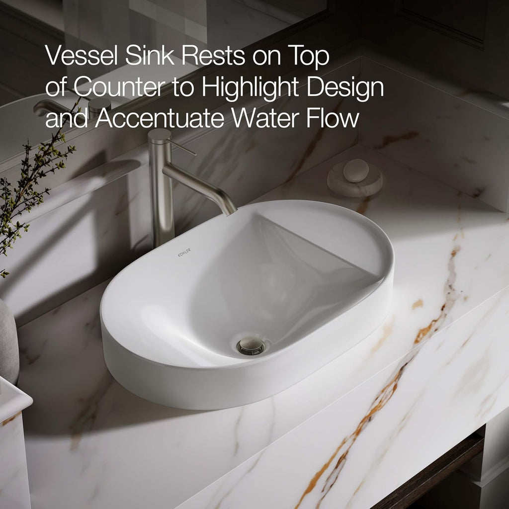 KOHLER 31703-0 Chalice 22-3/4' Oval Vessel Bathroom Sink Bowl with Storage Deck, Above Counter Vanity Sink Basin, with Overflow, No Faucet Holes, White