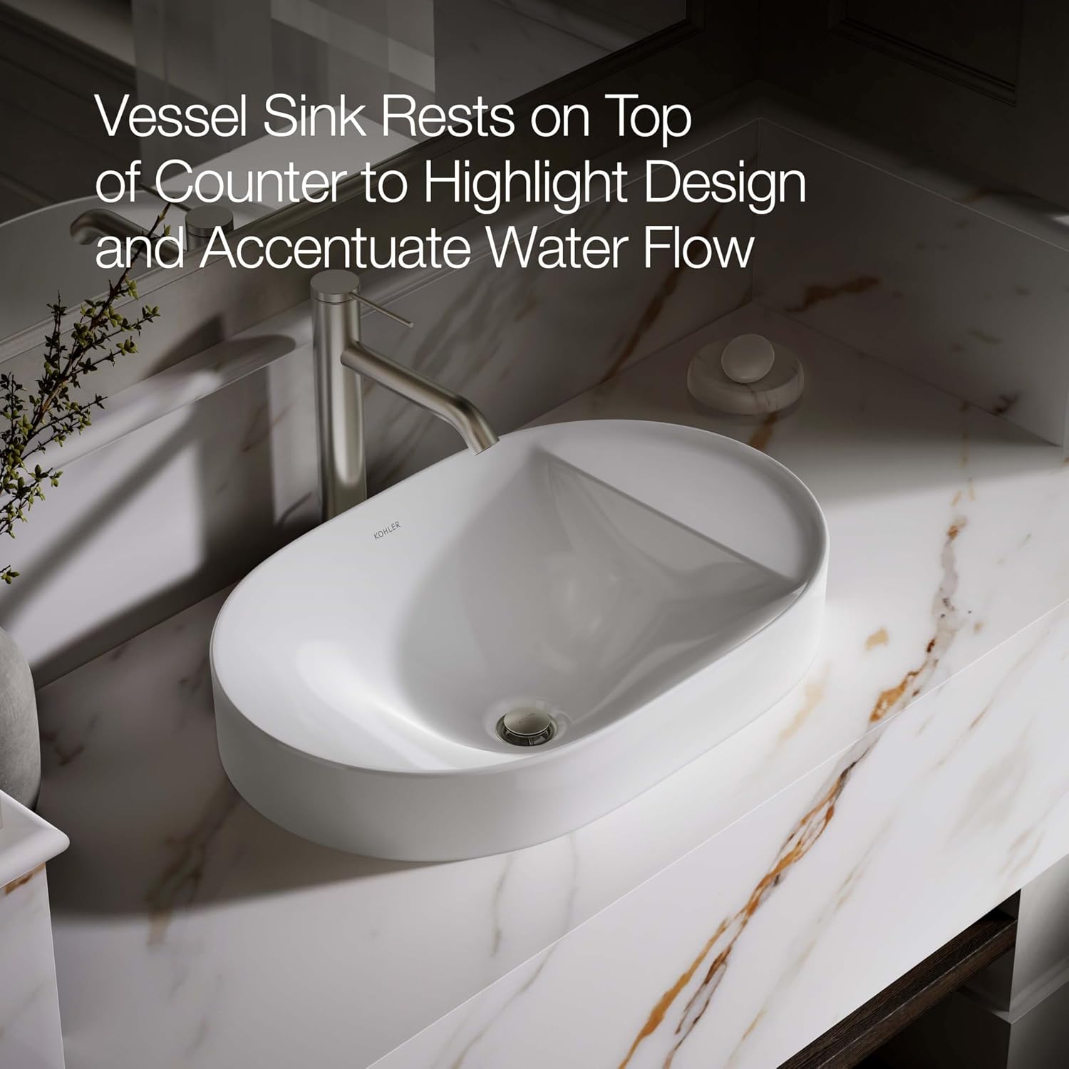 KOHLER 31703-0 Chalice 22-3/4' Oval Vessel Bathroom Sink Bowl with Storage Deck, Above Counter Vanity Sink Basin, with Overflow, No Faucet Holes, White