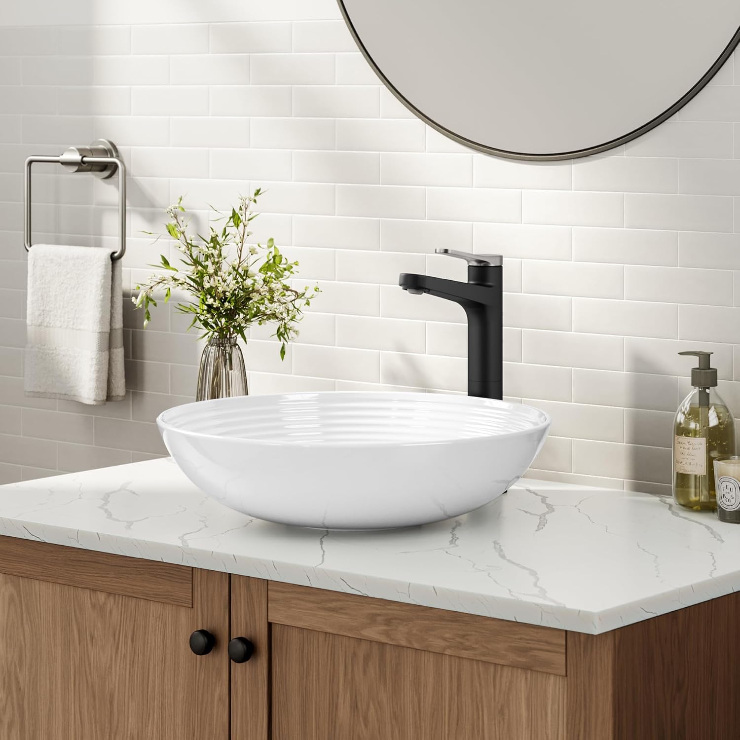 KRAUS Indy Bathroom Faucet for Vessel Sink in Spot-Free Brushed Nickel/Matte Black with Single Handle, Pop Up Drain and Supply Lines, KVF-1410SFBNMB