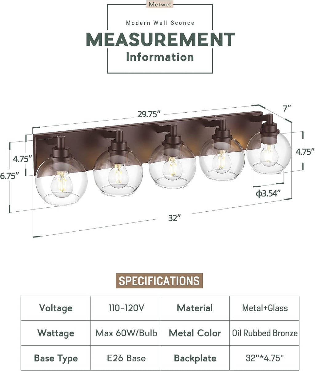 5-Light 32' Bathroom Vanity Light Over Mirror with Globe Glass | Oil Rubbed Bronze Bathroom Light Fixtures with Clear Glass Shade, Modern Sconces Wall Lighting, VL195-ORB-5