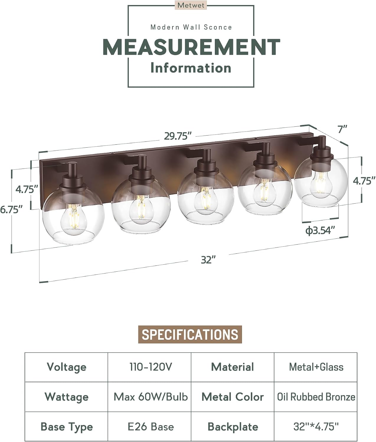 5-Light 32' Bathroom Vanity Light Over Mirror with Globe Glass | Oil Rubbed Bronze Bathroom Light Fixtures with Clear Glass Shade, Modern Sconces Wall Lighting, VL195-ORB-5