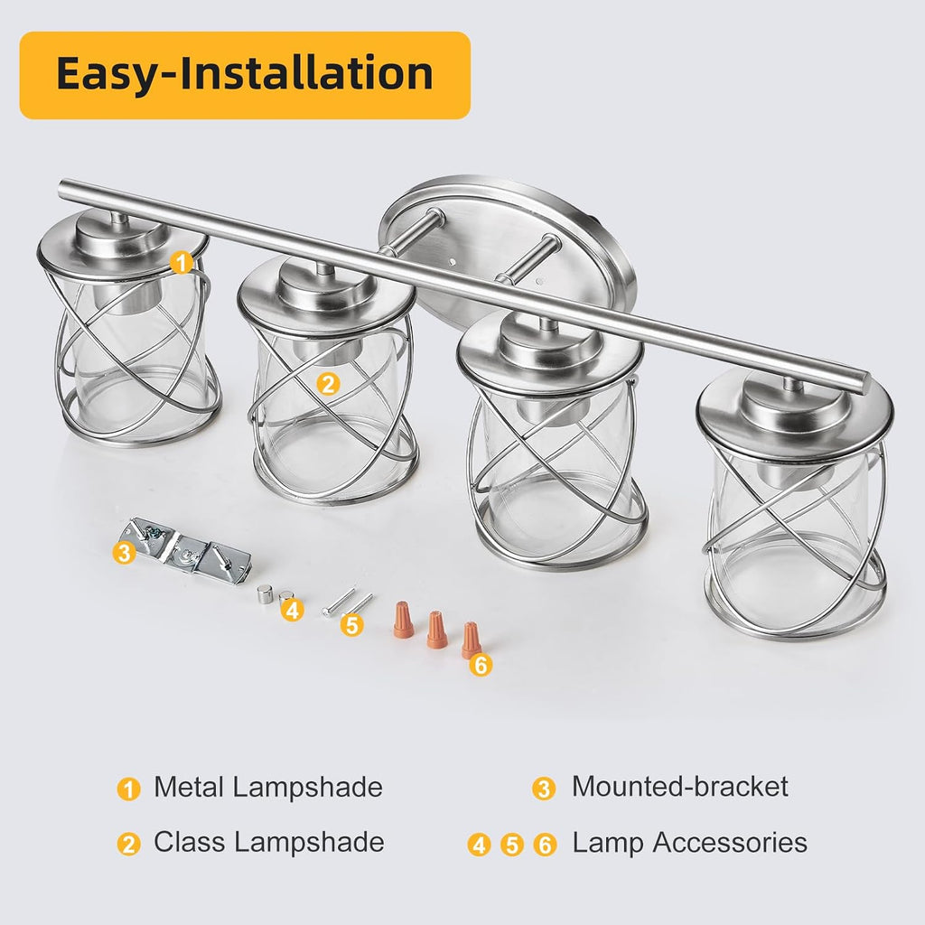 mavcadonf 4-Lights Bathroom Vanity Lights, Bathroom Light Fixtures Over Mirror, Brushed Nickel Vanity Light, Farmhouse Wall Lights with Clear Glass Shade, Bathroom Wall Lamp for Mirror Kitchen Bedroom