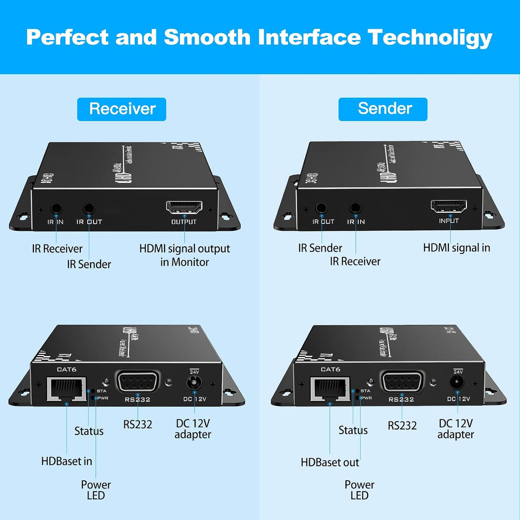 HDBasT HDMI Extender Over Cat5e/6 Ethernet up to 100m(328fts),JCHICI UHD 4K 60Hz (4:2:0 8-bit) with Bi-Directional IR, PoC and RS 232, Lossless Transmission