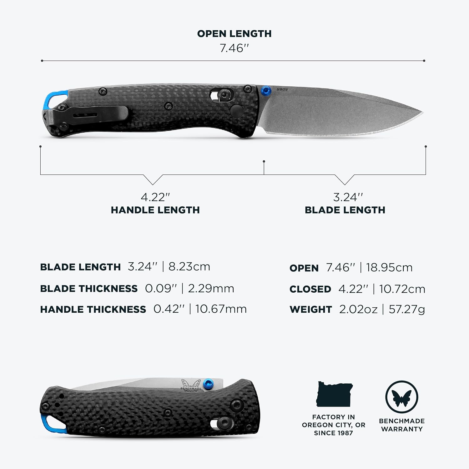 Benchmade - Bugout Outdoor EDC Folding Knife, Slim, Lightweight, Drop-Point Blade, Carbon Fiber (535-3)