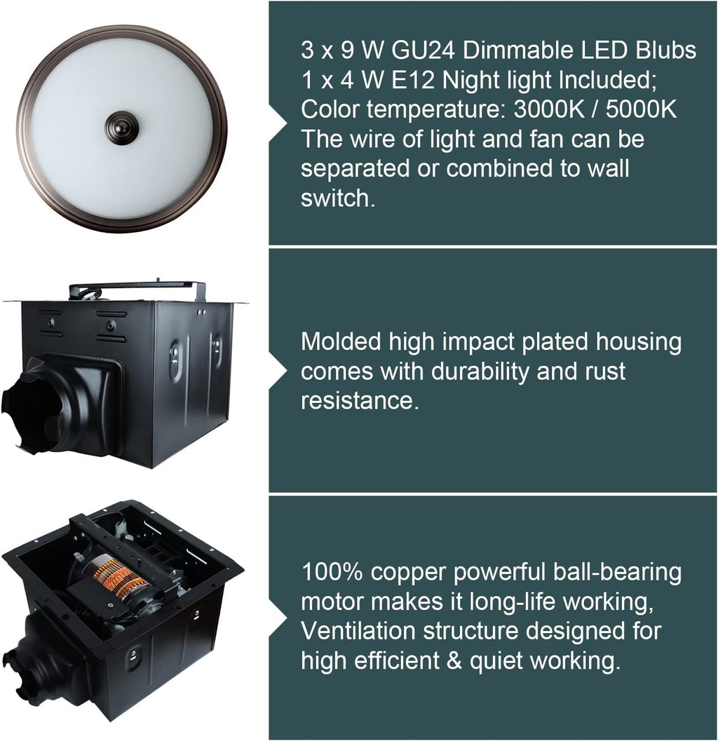 Akicon Bathroom Exhaust Fan with Light, Ultra Quiet 110 CFM 1.5 Sones Ventilation Exhaust Bathroom Fan Light Combo and Nightlight, 3 Years Warranty (Oil Rubbed Bronze)