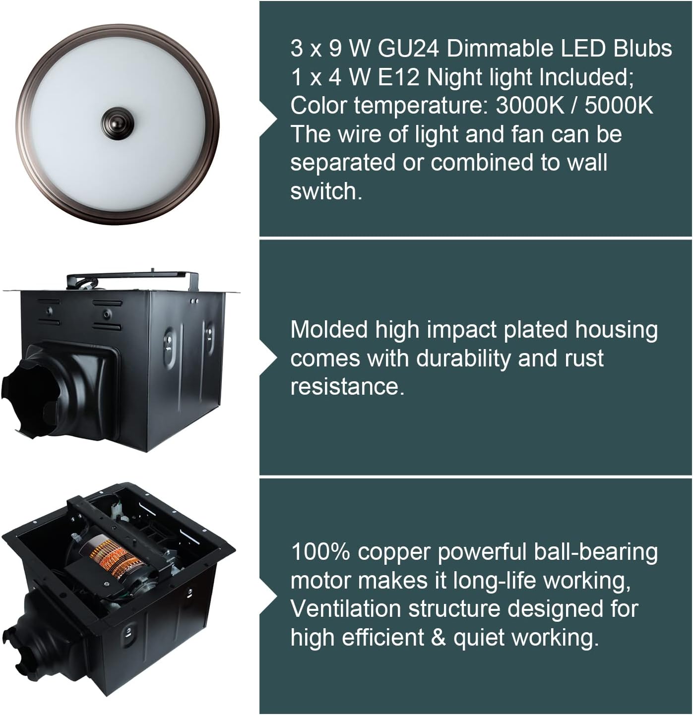 Akicon Bathroom Exhaust Fan with Light, Ultra Quiet 110 CFM 1.5 Sones Ventilation Exhaust Bathroom Fan Light Combo and Nightlight, 3 Years Warranty (Oil Rubbed Bronze)