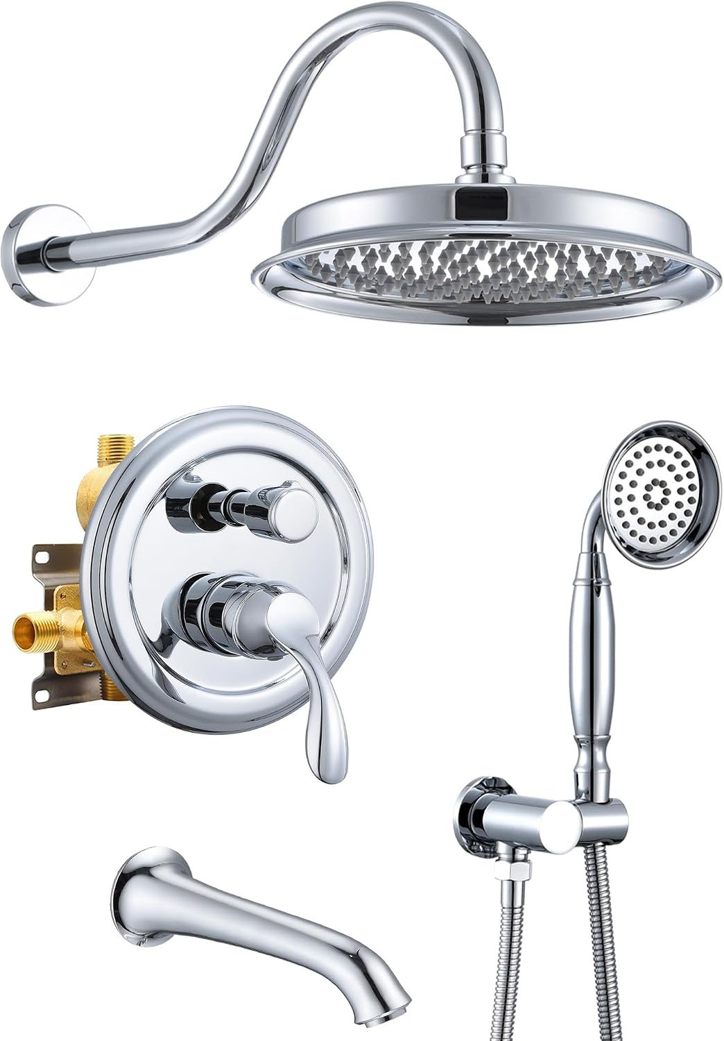 DASAN Shower System with Tub Spout, Chrome Tub and Shower Faucet Combo Set with Valve & Trim Kit Bathtub Shower Faucet Set Bathtub Shower System with Rainfall Shower Head & Handheld, AT309W-PC