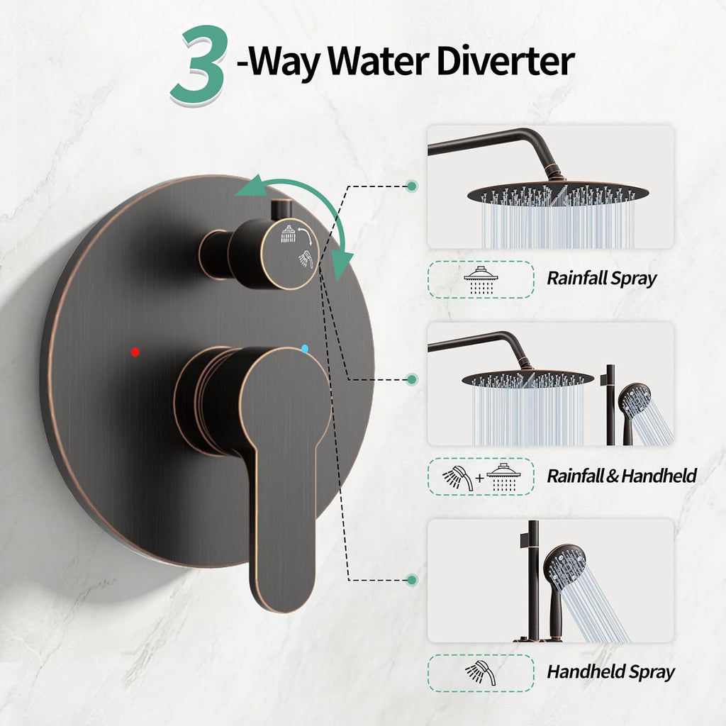 SR SUN RISE 12 Inch Oil Rubbed Bronze Shower System, Wall-Mount Adjustable 16-Inch Slide Bar with 6-Function Hand Shower Faucet Included Valve and Trim Kit
