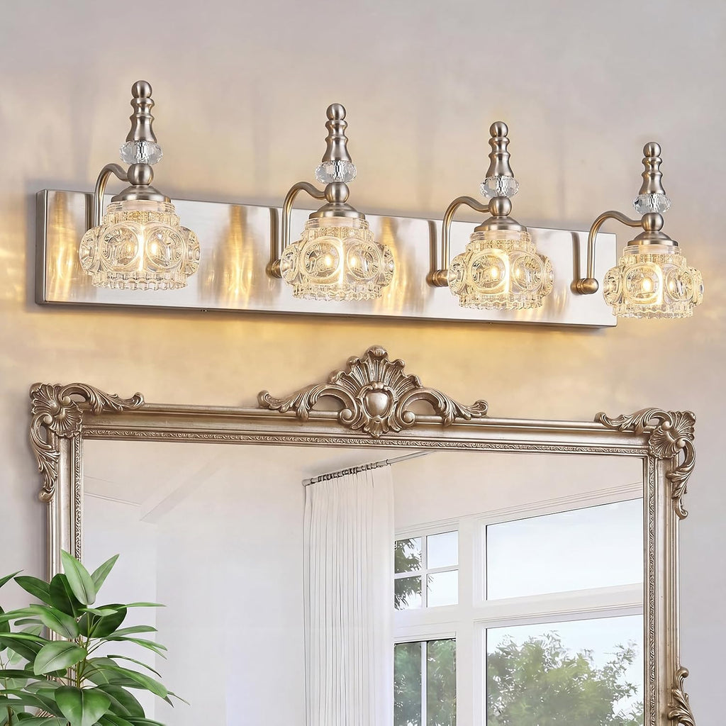 Modern Glass Crystal Vanity Light - Vintage Bathroom Lighting Fixtures Over Mirror, 4 Light Vanity Lights G9 Bulb (27.55 Inch, Nickel)