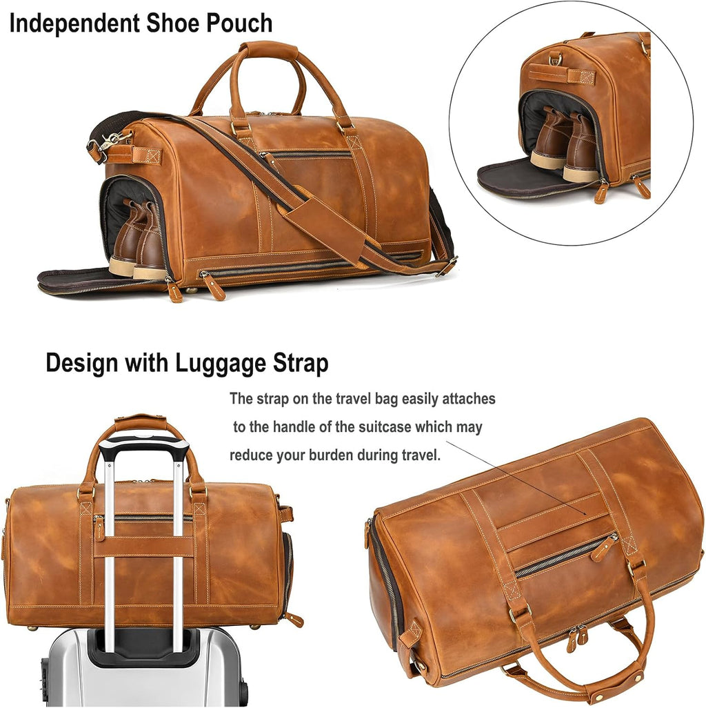 LUUFAN Full-grain Leather Travel Bag Large Capacity Duffel Luggage Bag with Shoe Compartment, Men Weekend Overnight Bag for Business Holiday Trip, Light Brown