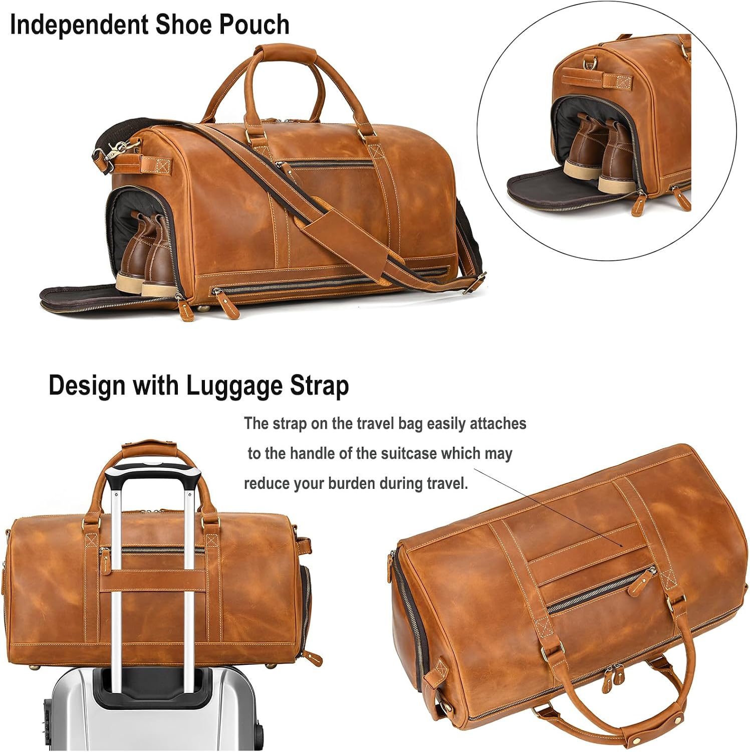 LUUFAN Full-grain Leather Travel Bag Large Capacity Duffel Luggage Bag with Shoe Compartment, Men Weekend Overnight Bag for Business Holiday Trip, Light Brown