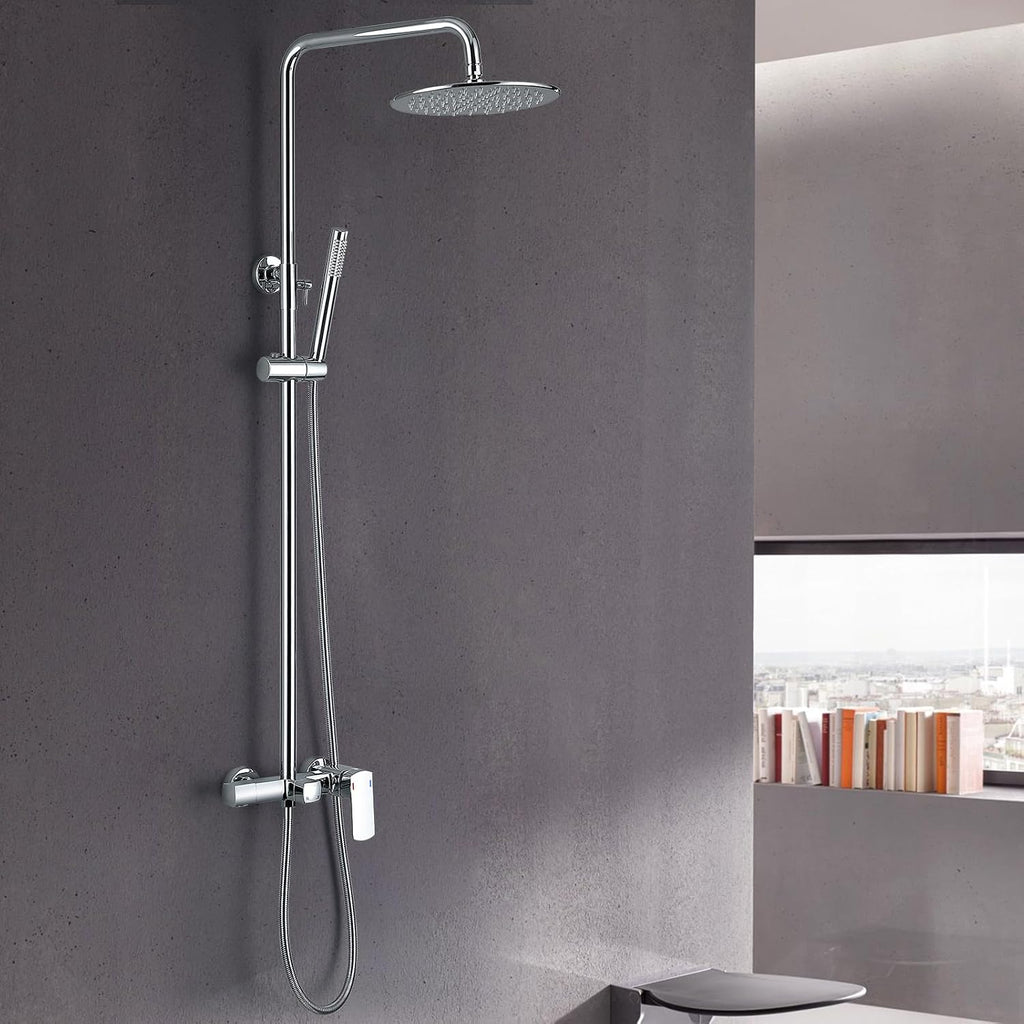 RBROHANT Exposed Shower System with Tub Spout, Polished Chrome Exposed Pipe Shower Faucet with 3 Functions Brass Shower Valve, Shower Height Adjustable, Wall Mounted