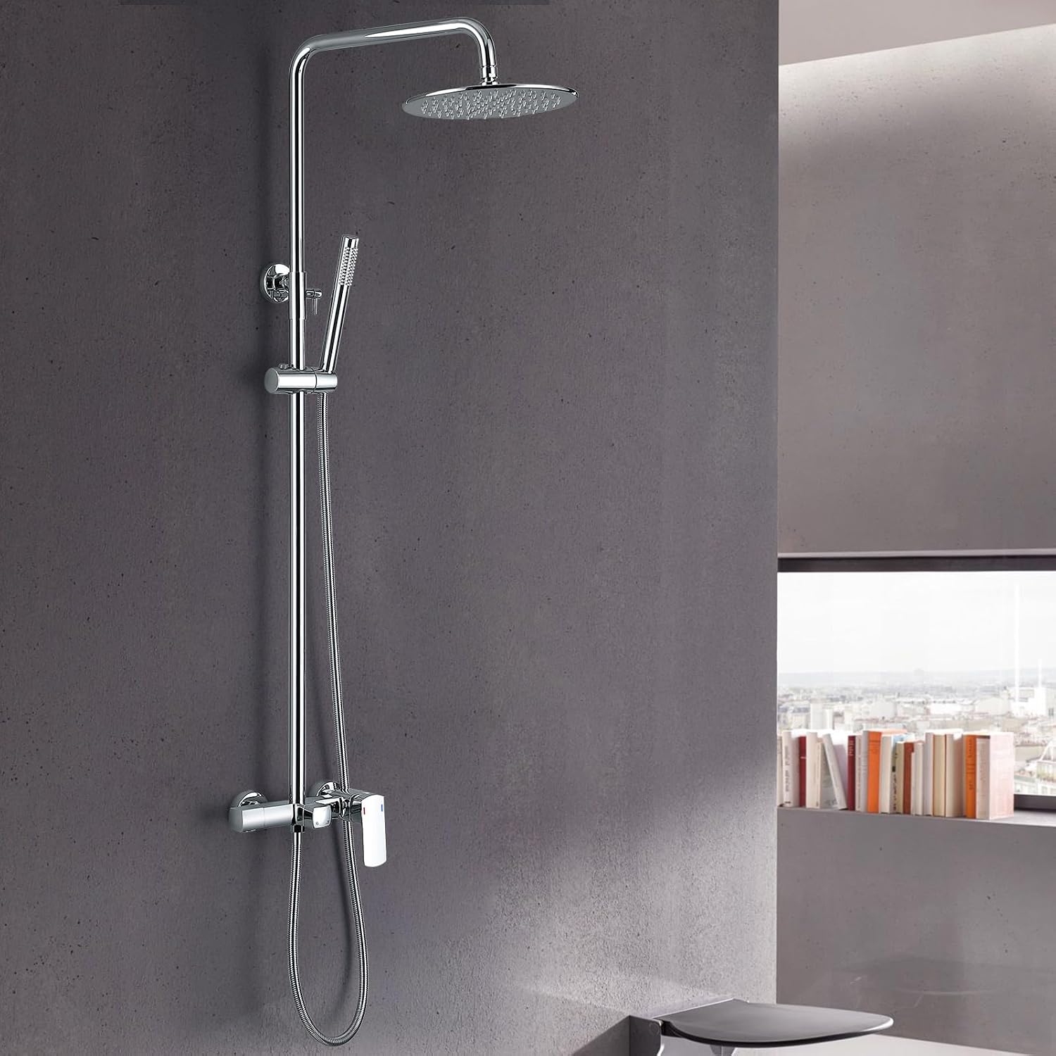 RBROHANT Exposed Shower System with Tub Spout, Polished Chrome Exposed Pipe Shower Faucet with 3 Functions Brass Shower Valve, Shower Height Adjustable, Wall Mounted