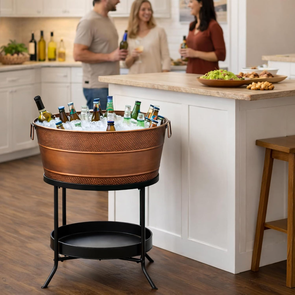 BREKX Aspen Metal Beverage Tub with Stand, 6 Gallon Galvanized Tub with Durable Copper Finish, Ice Tub Cooler Stand, Drink Cooler for Parties - Copper Anniversary