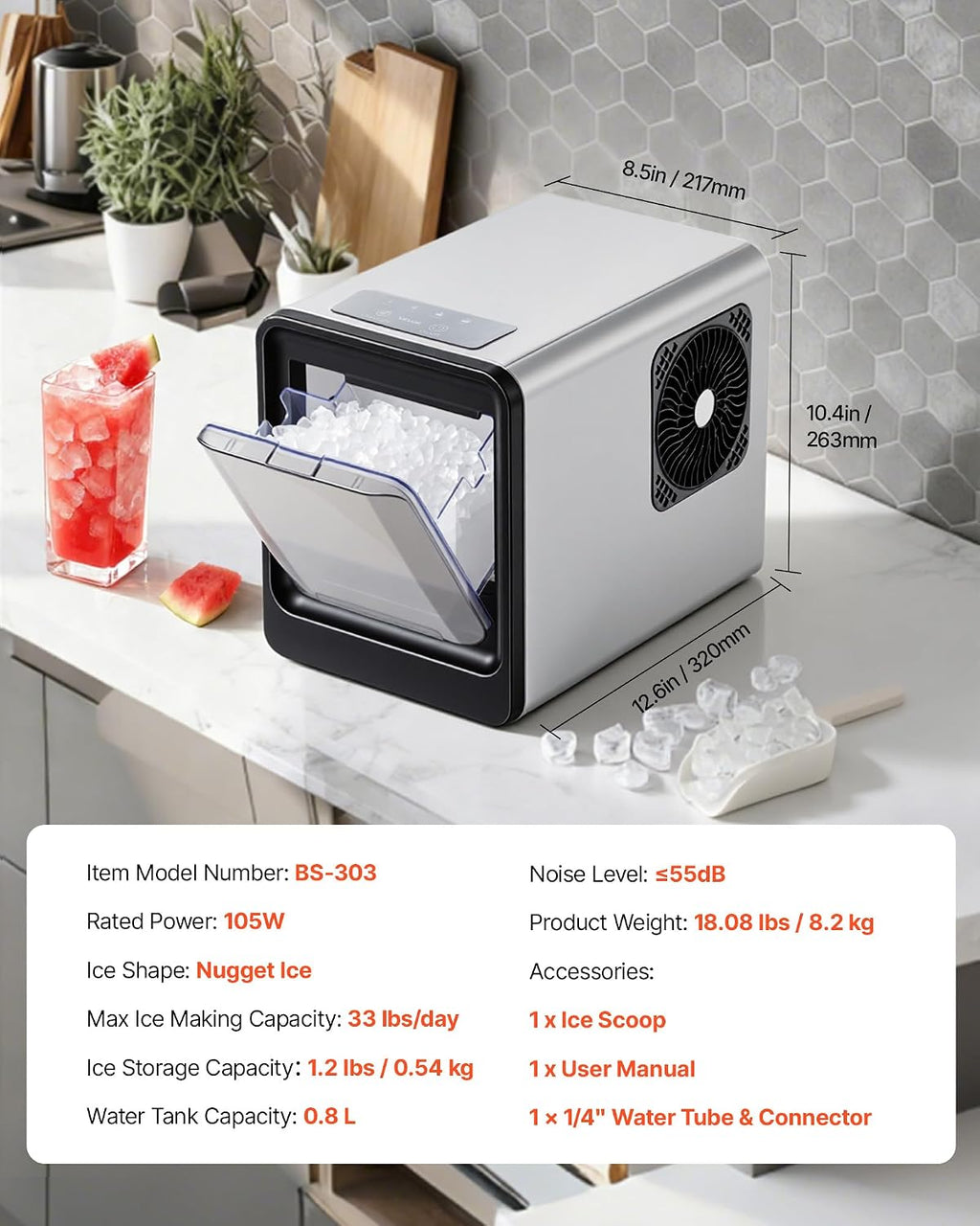 VEVOR Countertop Ice Maker, 33 lbs per Day, Self-Cleaning Portable Machine with Scoop, Drawer-Style Ice Access, Nugget Ice-Making Machine with Chewable ICES for Home, Kitchen, Office, Bar & Party