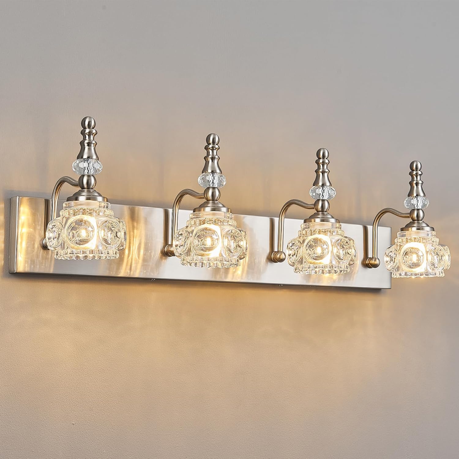 Modern Glass Crystal Vanity Light - Vintage Bathroom Lighting Fixtures Over Mirror, 4 Light Vanity Lights G9 Bulb (27.55 Inch, Nickel)