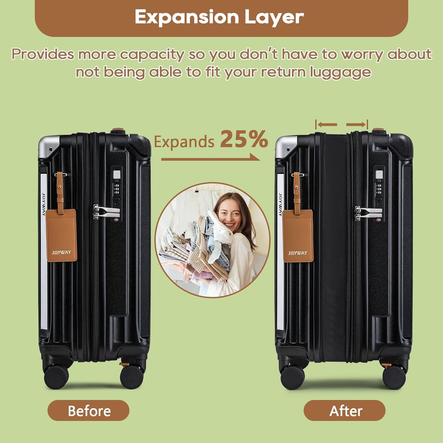 Joyway 20in Carry On Luggage with Cup Holder and USB Port, 25% Expandable Capacity, Smart Suitcase with Anti Slip Wheels and Handbag, Perfect for Men and Women 3 Piece Set Black