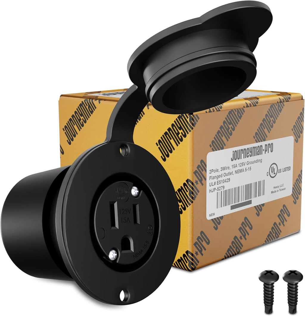Journeyman-Pro 5279 15 Amp 120-125 Volt, NEMA 5-15 Flanged Outlet, Black Commercial Grade, 2 Pole-3 Wire, Straight Blade Plug Outdoor Receptacle, Surface Mount Outlet (Front & Back Covers, 10-Pack)