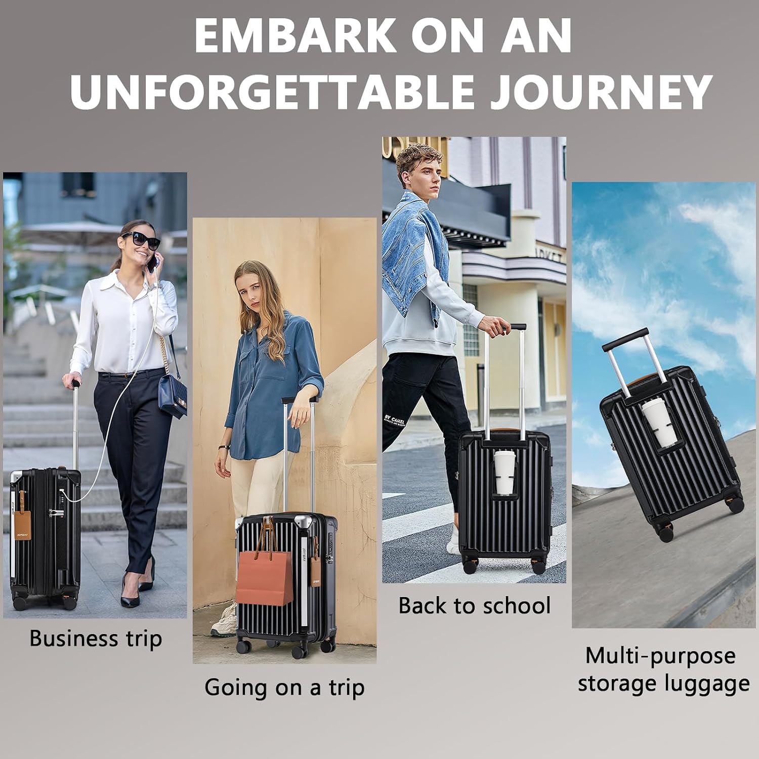 Joyway 3 Piece Set Hardside Expandable Luggage with USB Charging Port and Cup Holder, TSA Lock Spinner Wheels Suitcase for International Travel, Lightweight Carry On Checked Baggage, Black