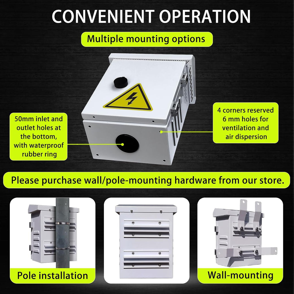 Metal Outdoor Enclosure with Rain Hood Electrical Box Weatherproof WiFi/Network Enclosure Breaker Box with Fan-Vent Design Cable Project Cabinet with Mounting Track Hole in Back 9X12X6