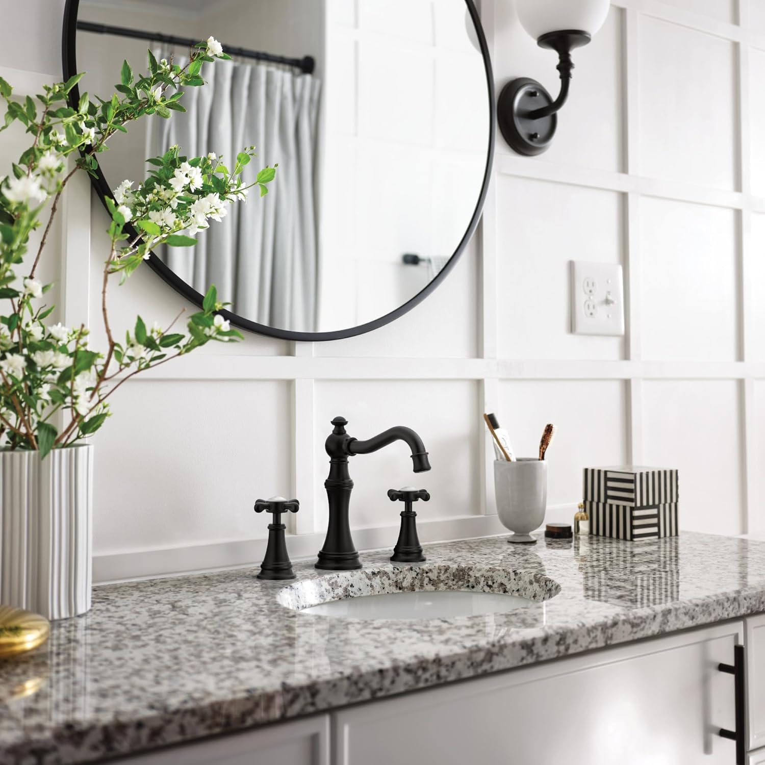Moen Weymouth Matte Black Two-Handle Widespread Cross Handle Bathroom Faucet Trim Kit, Valve Included, TVS42114BL