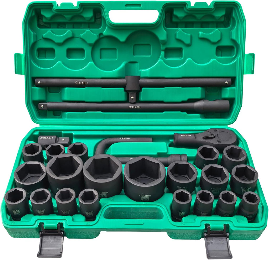 3/4' and 1' Impact Socket Set, Standard 6 Point Metric Deep Drive Sockets 21-50 mm and 55-65 mm, Cr-Mo Steel, 26Pcs Heavy Duty Large Socket Set with Ratchet Wrench, T Sliding Bar and Dedicated Case
