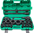 3/4' and 1' Impact Socket Set, Standard 6 Point Metric Deep Drive Sockets 21-50 mm and 55-65 mm, Cr-Mo Steel, 26Pcs Heavy Duty Large Socket Set with Ratchet Wrench, T Sliding Bar and Dedicated Case
