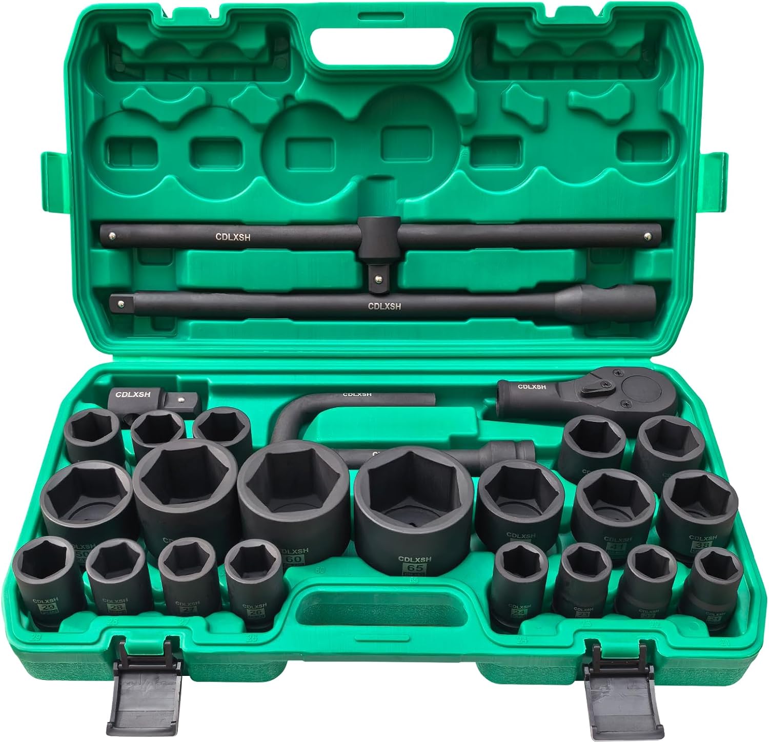 3/4' and 1' Impact Socket Set, Standard 6 Point Metric Deep Drive Sockets 21-50 mm and 55-65 mm, Cr-Mo Steel, 26Pcs Heavy Duty Large Socket Set with Ratchet Wrench, T Sliding Bar and Dedicated Case
