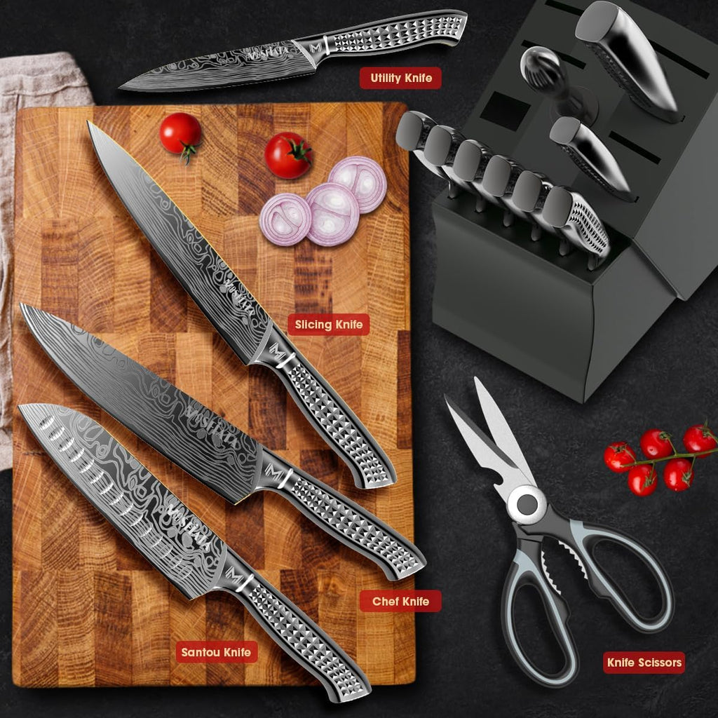 MOSFiATA Kitchen Knife Set, 17 Pcs Japanese Stainless Steel Knife Sets for Kitchen with Block with Knife Sharpening Rod, Dishwasher Safe, Titanium Plated Knife Block Set (Gray)