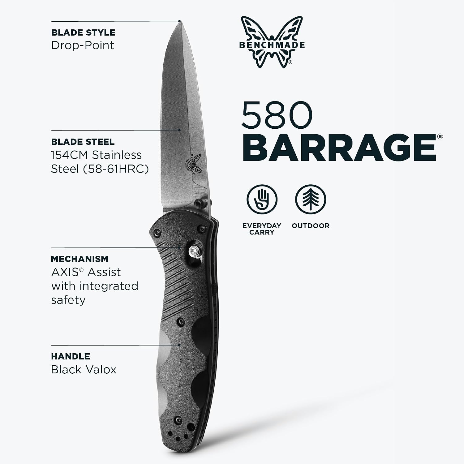 Benchmade - Barrage, Tactical, Every Day Knife, Plain Edge, Drop-Point Blade with Black Valox Handle (580)