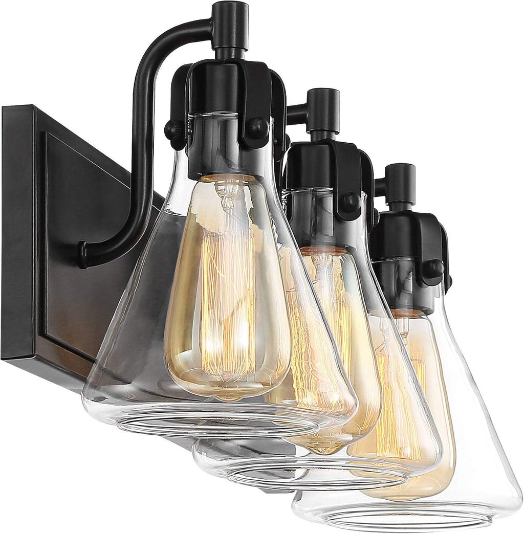 Possini Euro Design Cindy Farmhouse Industrial Rustic Wall Light Bronze Brown Metal Hardwired 24' Wide 3-Light Fixture Mounted Clear Glass Shade Bathroom Vanity Mirror House Home Hallway Room Decor
