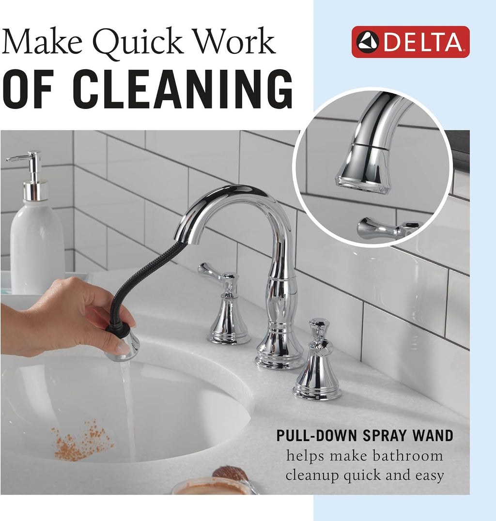 Delta Faucet Cassidy Pull Down Bathroom Faucet, Bathroom Pull Out Faucet, Chrome Widespread Bathroom Faucet 3 Hole with Pull Down Sprayer, Bathroom Sink Faucet Magnetic Docking, Chrome 3597-PD-DST