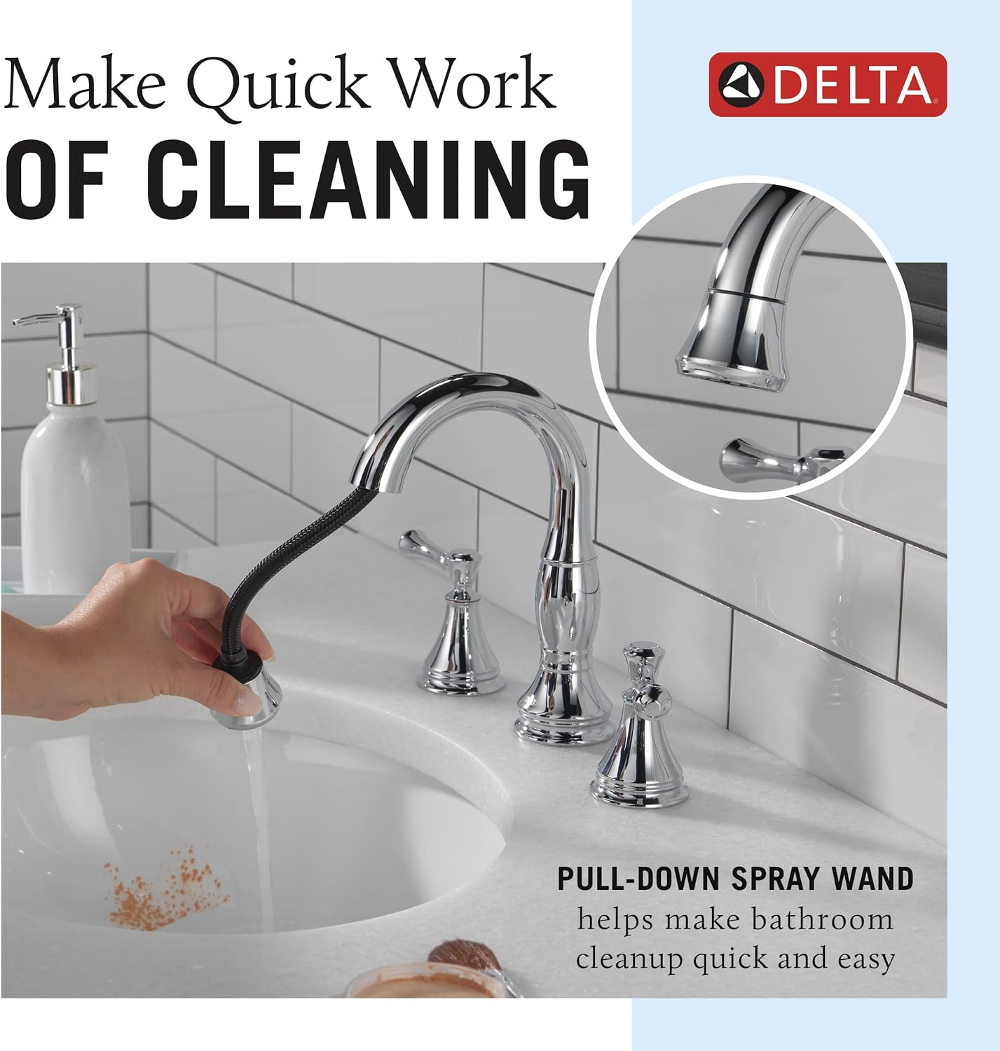 Delta Faucet Cassidy Pull Down Bathroom Faucet, Bathroom Pull Out Faucet, Chrome Widespread Bathroom Faucet 3 Hole with Pull Down Sprayer, Bathroom Sink Faucet Magnetic Docking, Chrome 3597-PD-DST