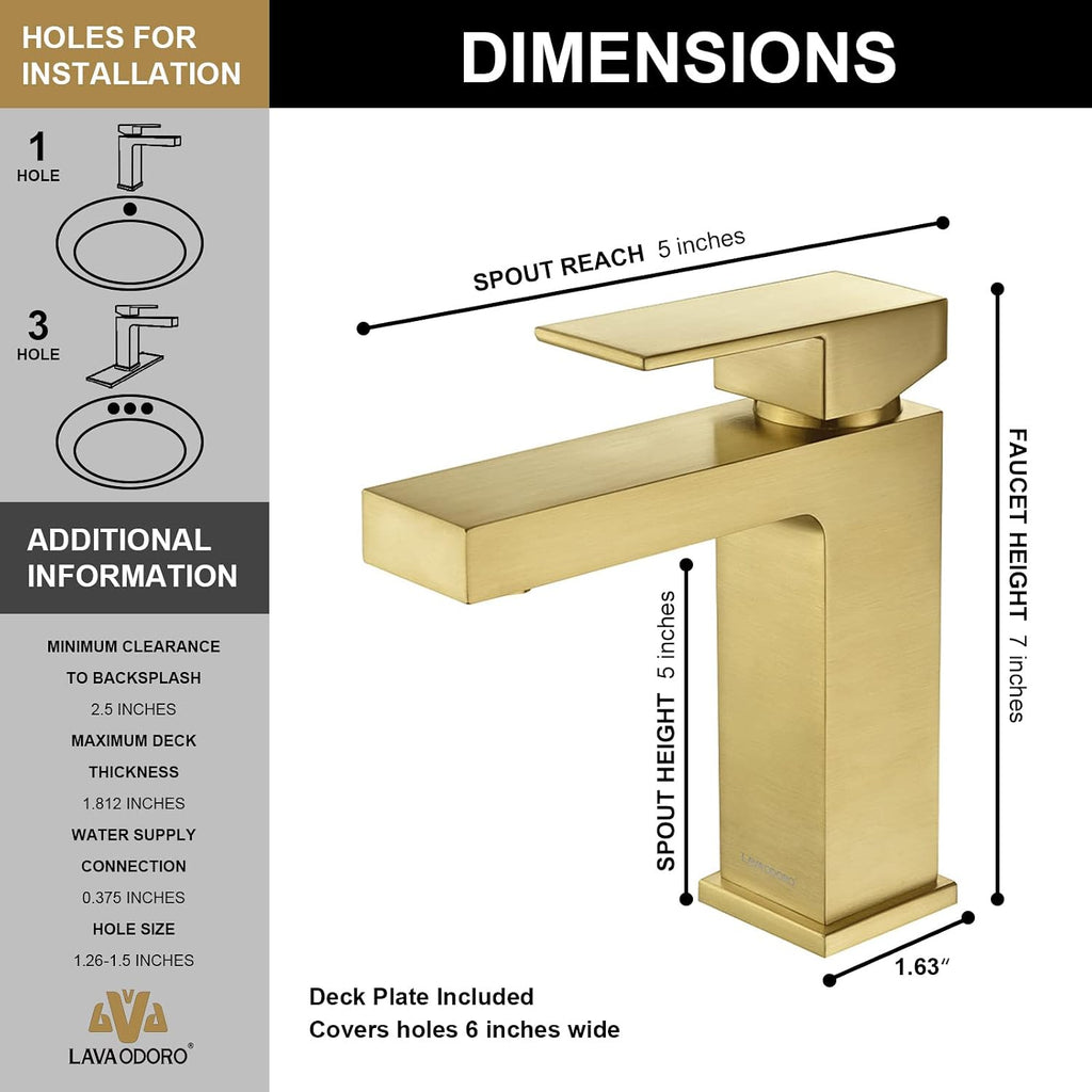 Lava Odoro Brushed Gold Bathroom Faucet Single Hole,Modern Bathroom Sink Faucet Single Handle Vanity Faucet with Pop up Drain Assembly, Deck Plate Included, 1.2 GPM, BF307-SG
