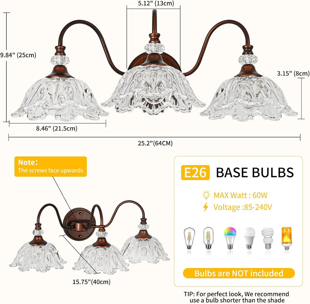 Antique Red Bronze Finish Bathroom Vanity Light, 3-Light Vintage Vanity Light with Floral Clear Glass Shades, Retro Wall Mount Lighting for Bathroom, Dressing Table