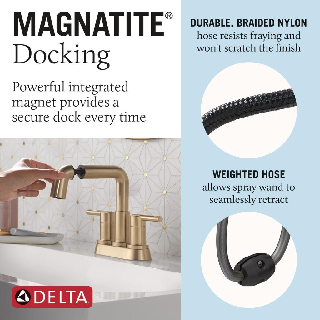 Delta Nicoli Centerset Brushed Gold Bathroom Faucet with Sprayer, 4 Inch 3 Hole Bathroom Sink Faucet with Pull Out Sprayer, Push-Pop Drain, Champagne Bronze 25849LF-CZPD