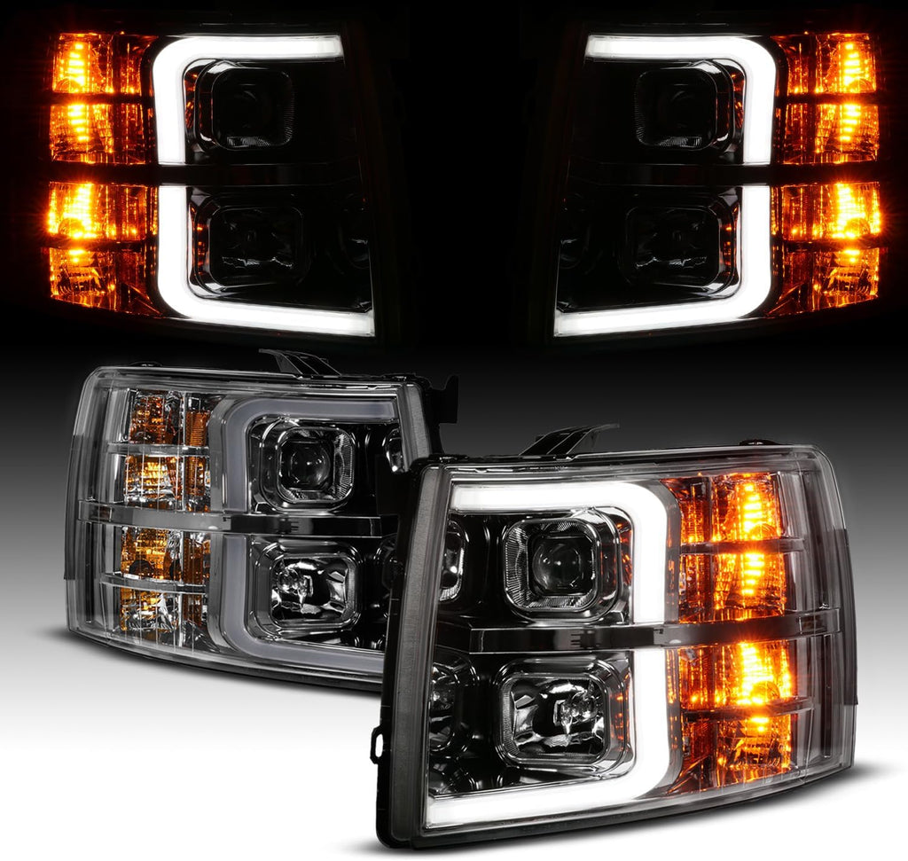 AmeriLite for 2007-2013 Chevy Silverado 1500 | 07-14 Silverado 2500HD 3500HD LED Tube Square Projector Gun-Metal Headlights Set - Passenger and Driver Side