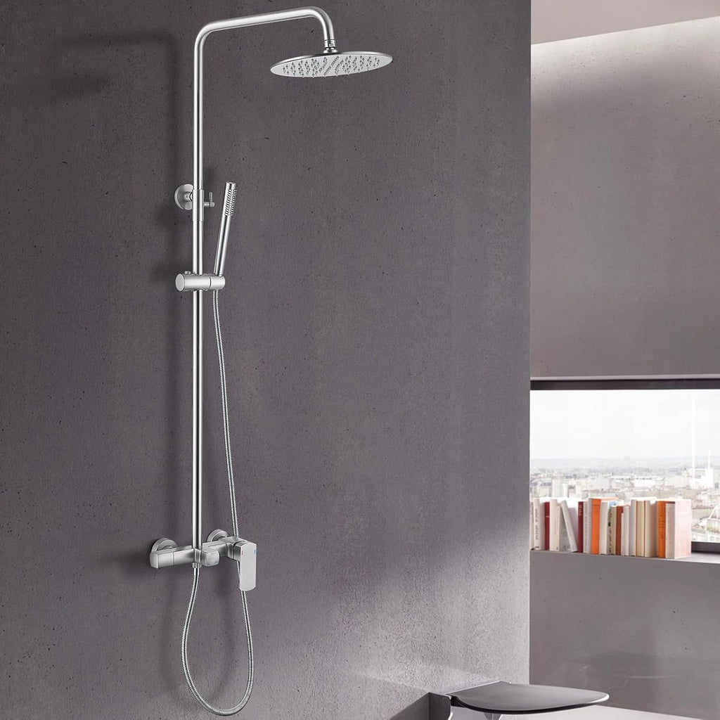 RBROHANT Exposed Shower System with Tub Spout, Brushed Nickel Exposed Pipe Shower Faucet with 3 Functions Brass Shower Valve, Shower Height Adjustable, Wall Mounted