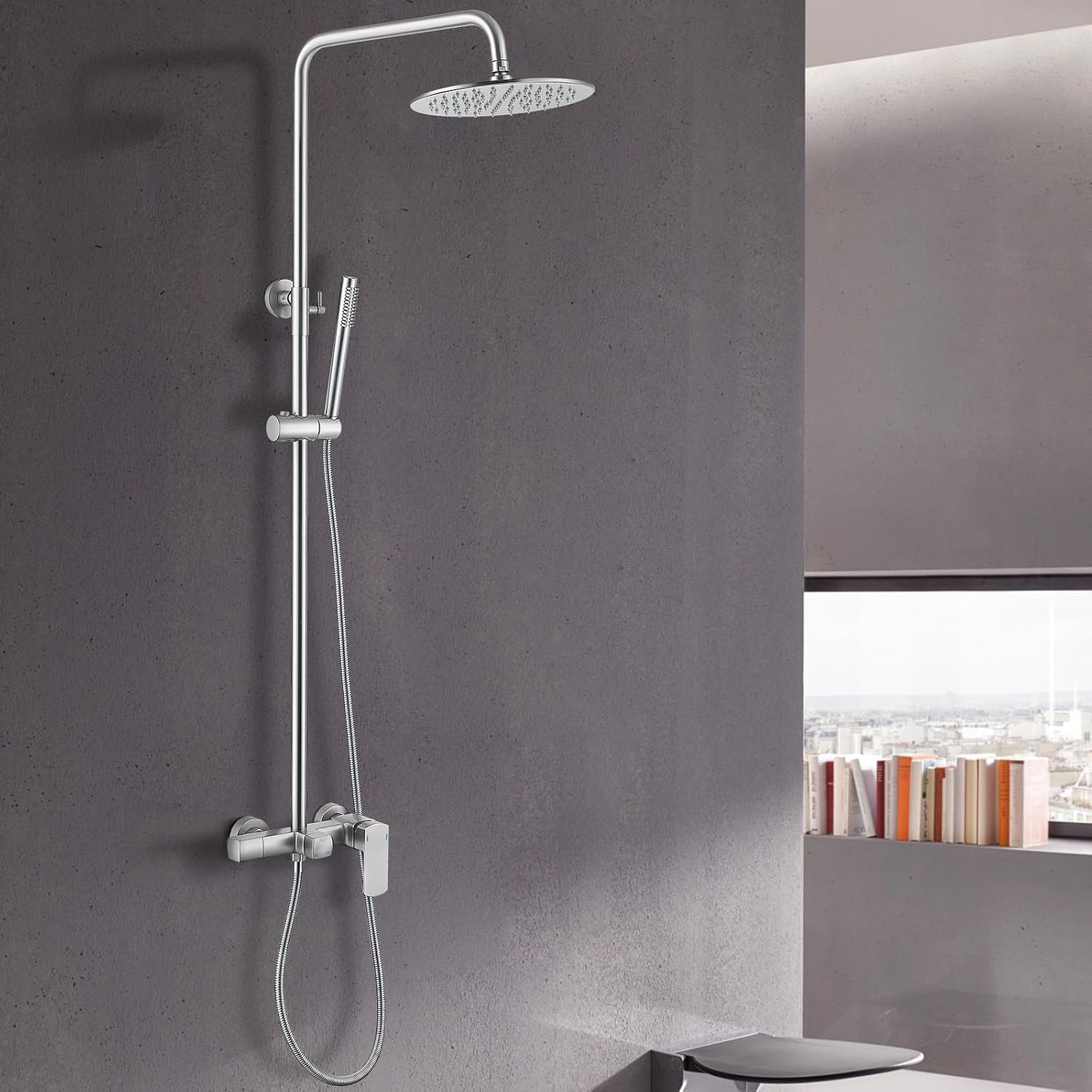 RBROHANT Exposed Shower System with Tub Spout, Brushed Nickel Exposed Pipe Shower Faucet with 3 Functions Brass Shower Valve, Shower Height Adjustable, Wall Mounted