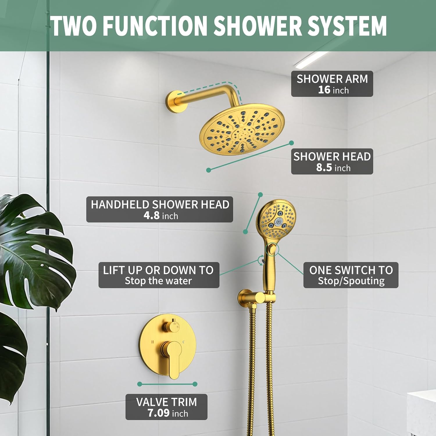 Suncleanse Gold Shower Faucet Sets - 8.5' Rain Shower Head Combo with 7-Setting handheld Spray Complete Shower System - Rainfall Shower Fixtures with Rough-in Valve and Trim Kit for Luxury Bathroom