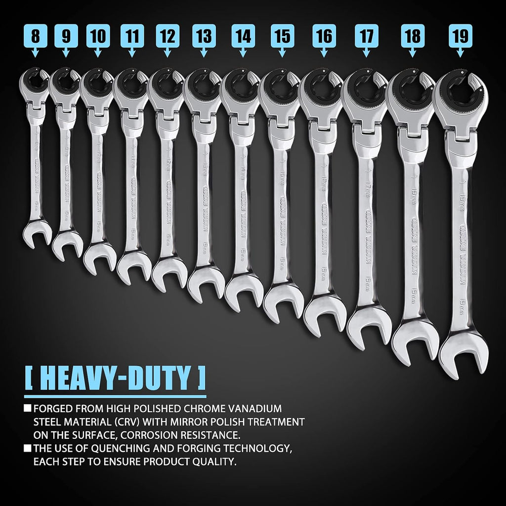 LOSCHEN Metric Open Flex-Head Ratcheting Wrench Combination 12 Pcs/set 8-19mm, Metric Spanner with 72 Teeth, Chrome Vanadium Steel Tubing Ratchet （US and European Patents）