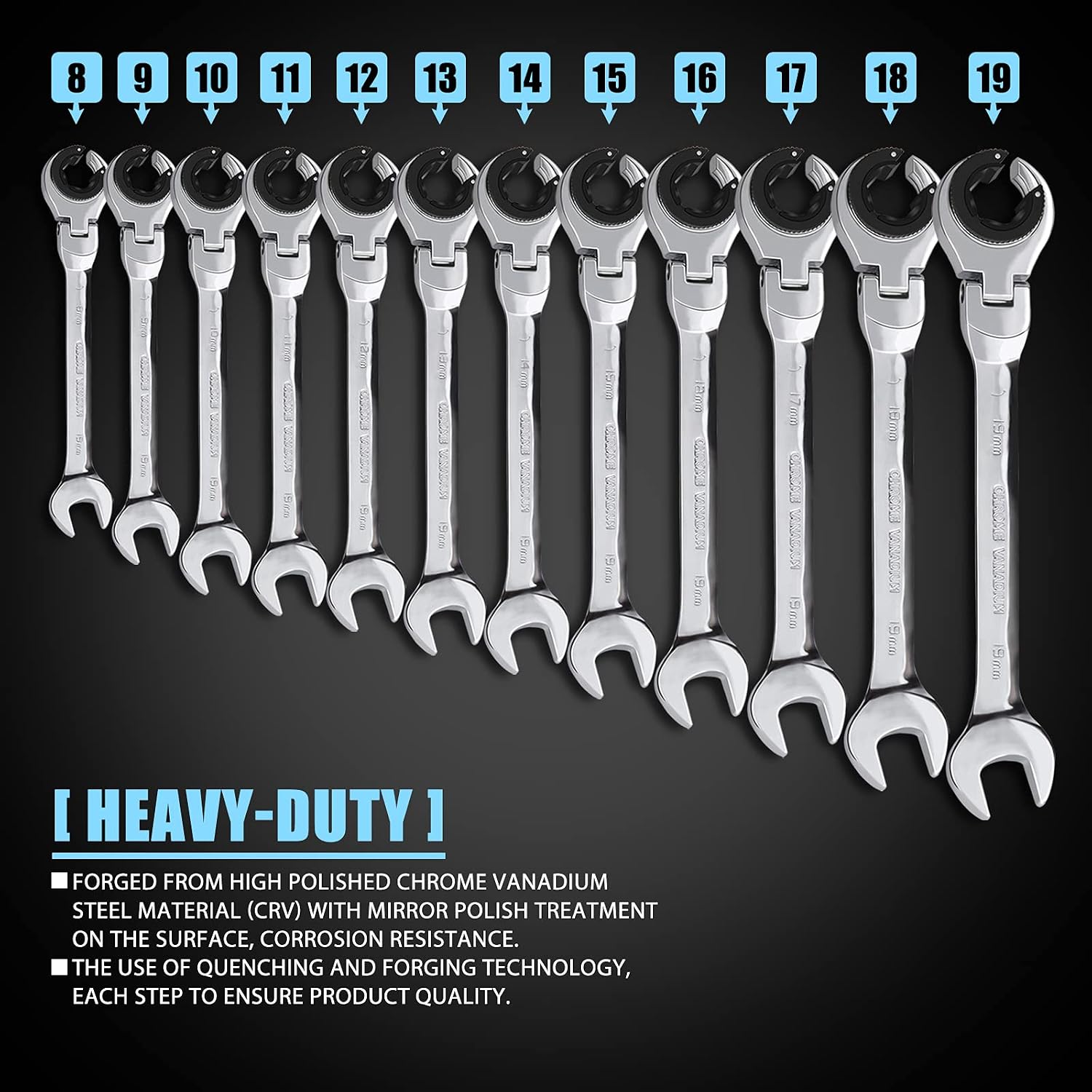 LOSCHEN Metric Open Flex-Head Ratcheting Wrench Combination 12 Pcs/set 8-19mm, Metric Spanner with 72 Teeth, Chrome Vanadium Steel Tubing Ratchet （US and European Patents）