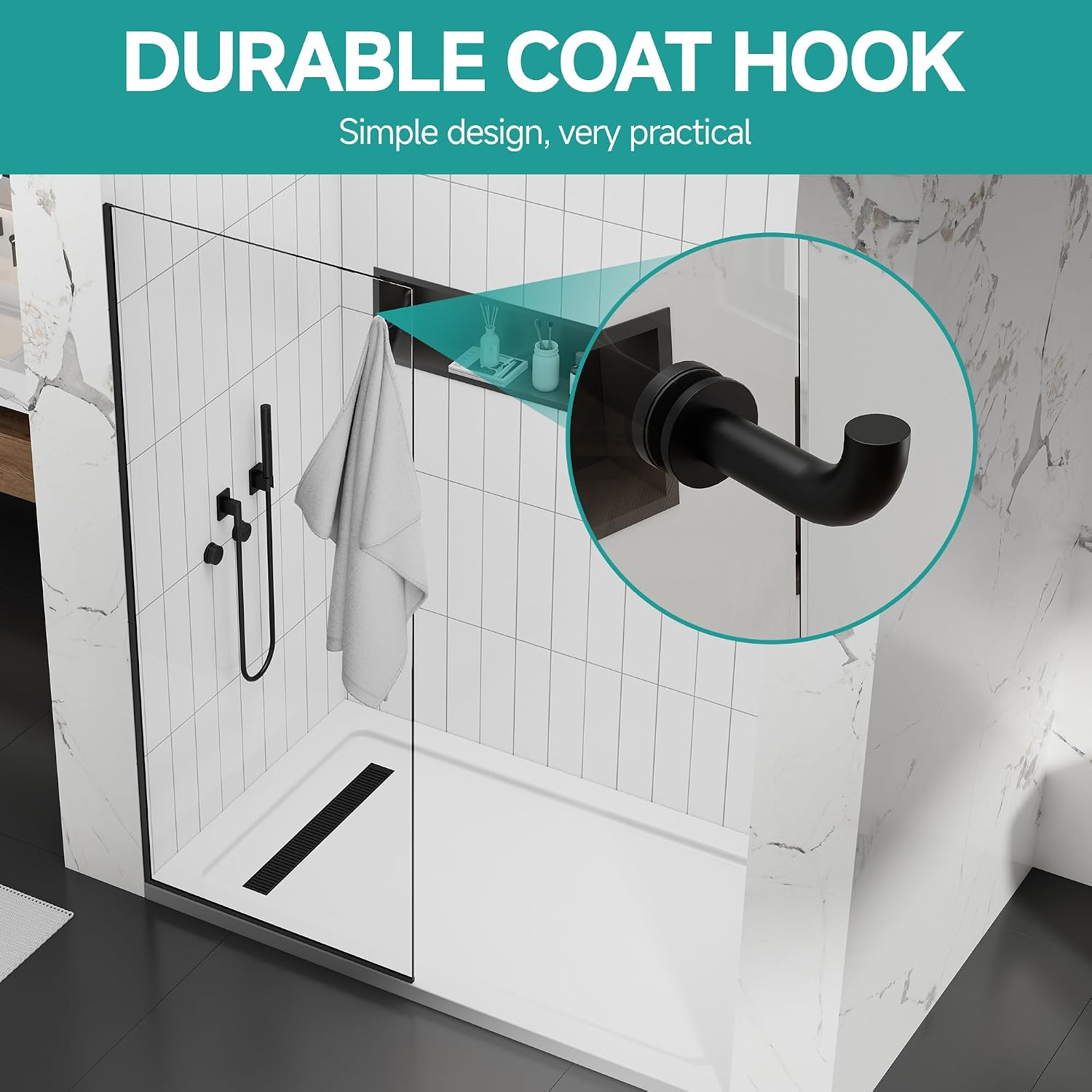36' W x 76' H Frameless Shower Glass Panel, 3/8' w/Coat Hook, Matte Black | Fixed Shower Screen;Coat Hook;SGCC Tempered Glass;Easy Clean Coating;Aluminum